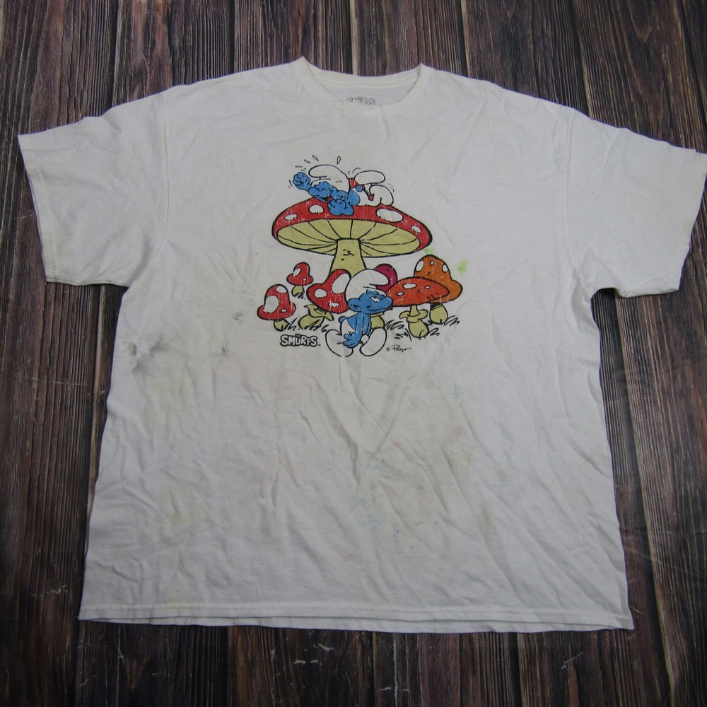 The Smurfs Graphic T-Shirt Men 2XL White Short Sleeve Cotton Cartoon Tee